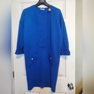 Vintage Algo Quilted Royal Blue Midi Dress Gold Buttons Size 5 (M/L)